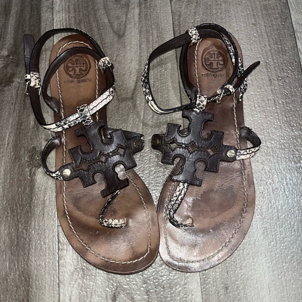 Tory Burch Chandler Flat Thong T-Strap Logo Sandals brown black ivory sz 7